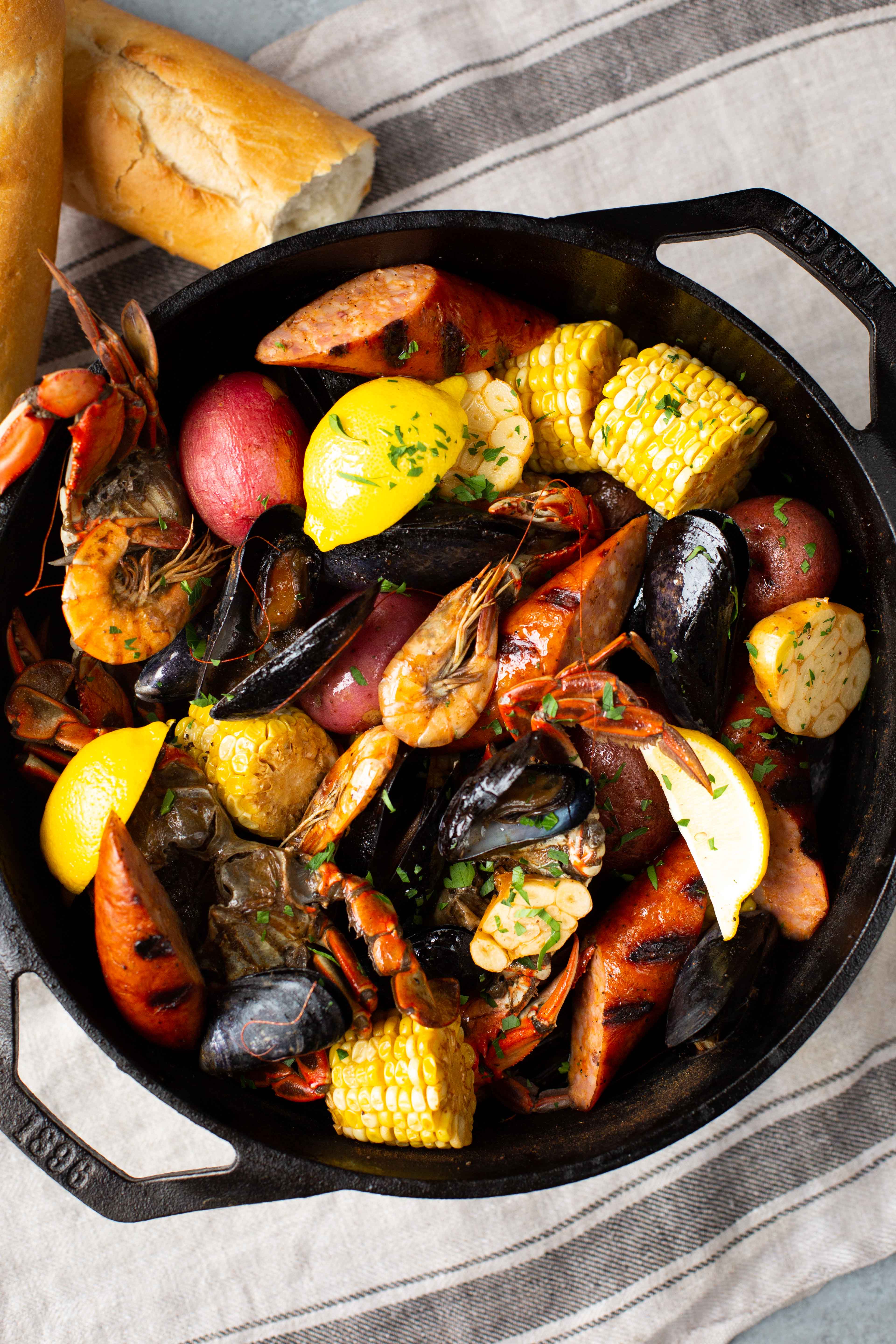 delicious seafood broil in a Lodge cast iron dutch oven